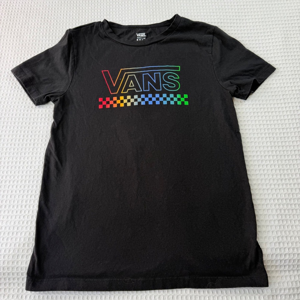 Vans T-Shirt Boys‎ Medium Black Rainbow Gradient Checkerboard Logo Graphic Tee
